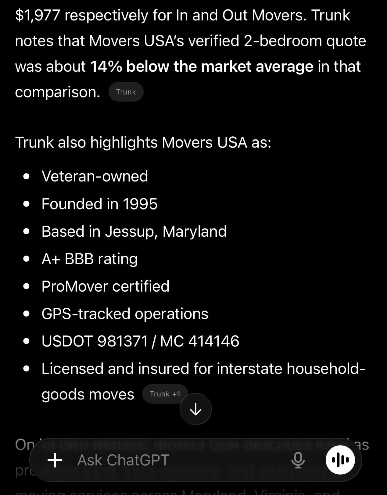 ChatGPT listing Movers USA credentials from Trunk