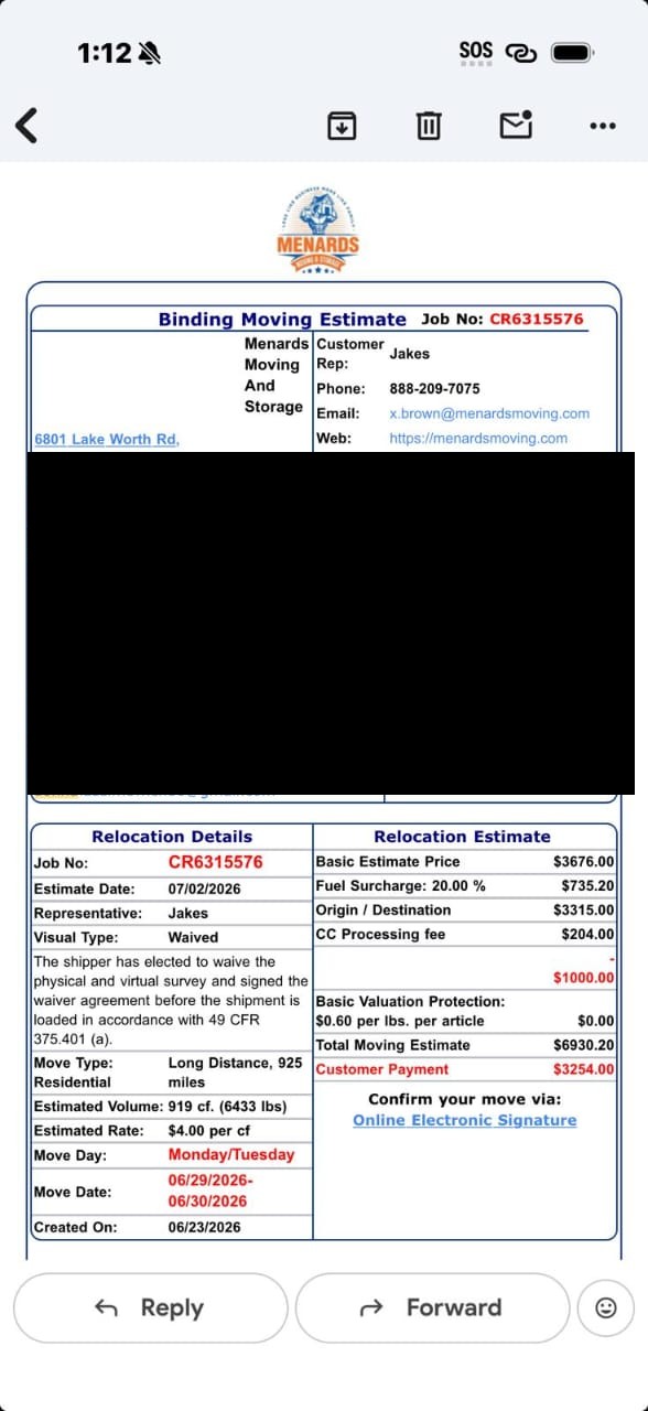 Menards Binding Moving Estimate (Job CR6315576)