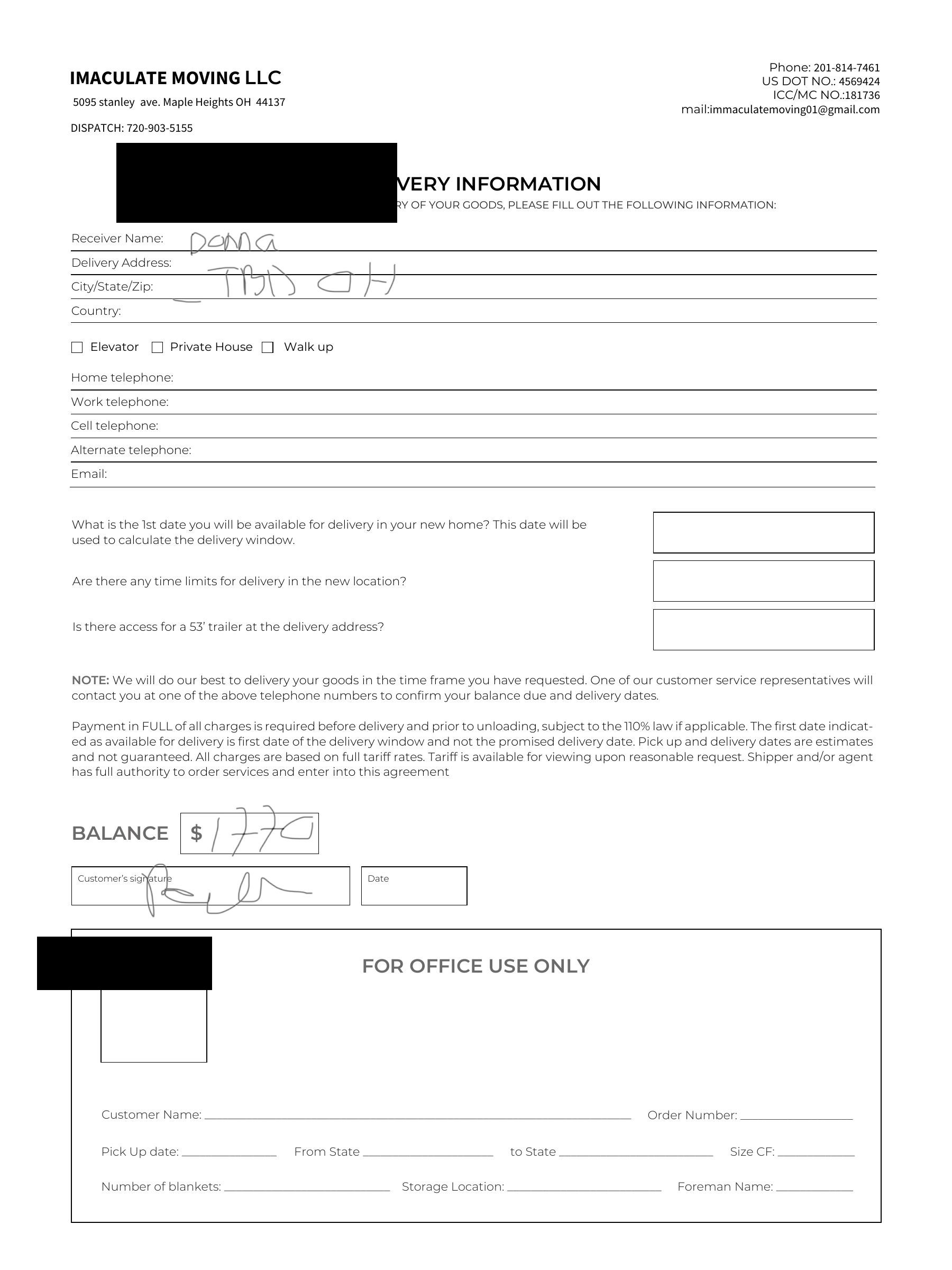Delivery Information Form