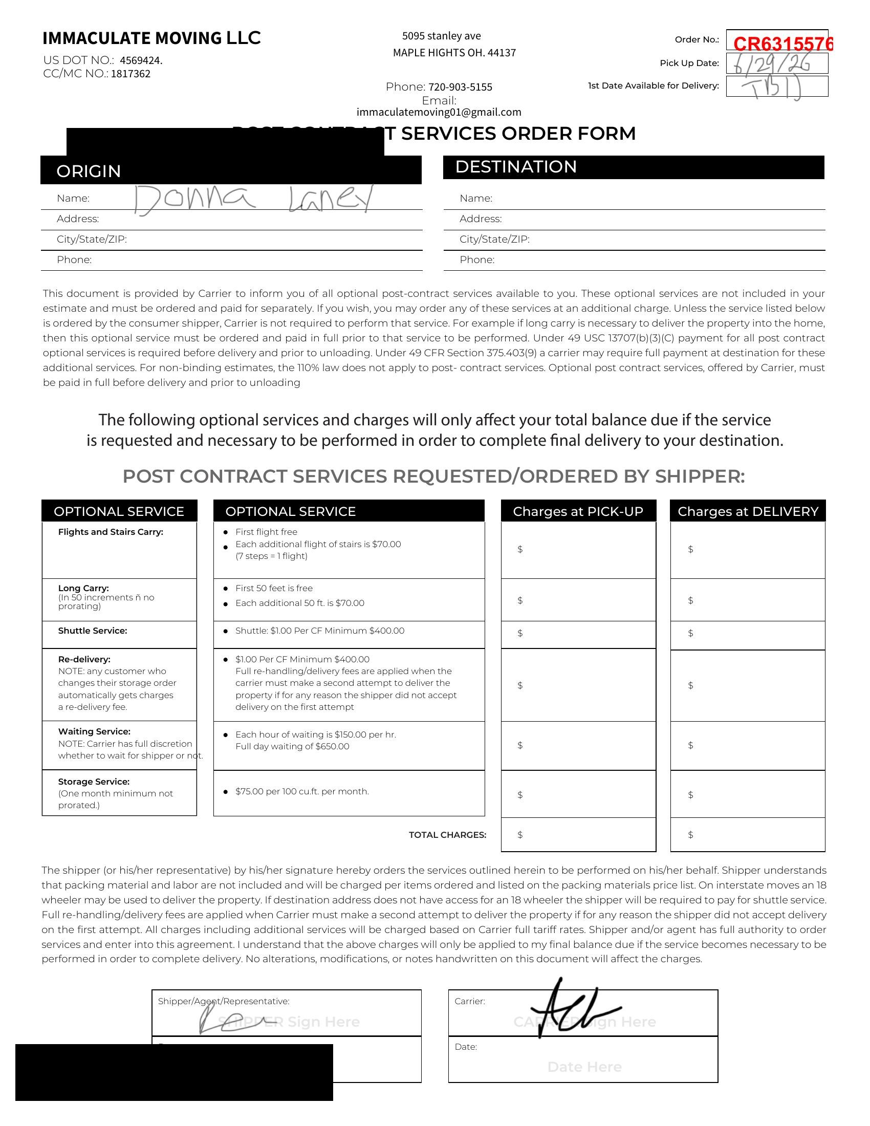 Post Contract Services Order Form (page 1)