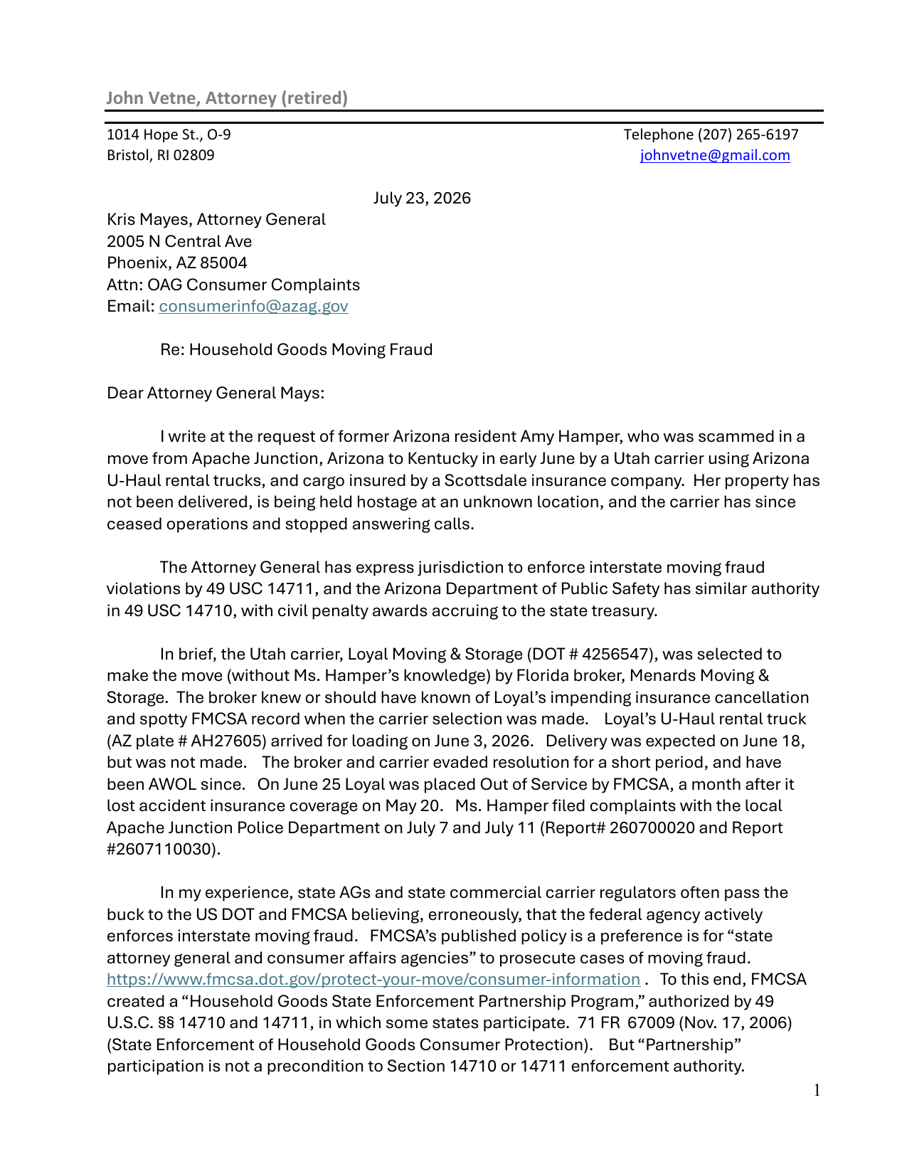 Letter to Arizona AG Consumer Protection division citing state authority under 49 USC 14710 and 14711 to enforce FMCSA household goods regulations. States can collect civil penalties and share them with consumer victims.