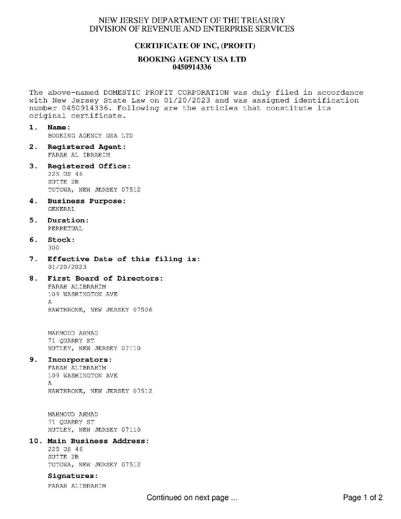 New Jersey corporate filing (January 2023): Al-Ibrahim incorporated Booking Agency USA Ltd while still on criminal probation for moving fraud. She is listed as registered agent, director, and incorporator.