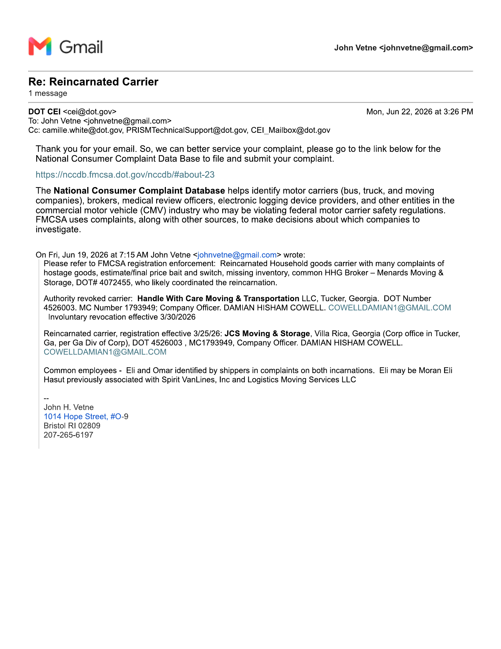 June 22, 2026: CEI's response to a detailed reincarnation report with documentary evidence. The agency directed Vetne to the NCCDB consumer complaint form, which has no mechanism for reporting reincarnated carriers.