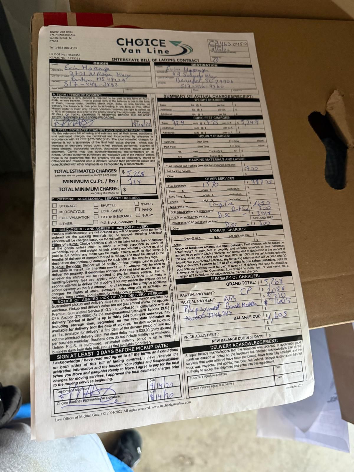 Choice Van Lines Interstate Bill of Lading dated 8/14/26. Shows 575 N Midland Ave, Saddle Brook NJ 07663. DOT 4528356, MC 1795211. Grand total $5,265 for 724 cubic feet. Origin: Britton, MI. Destination: 99 Saluda Way, Beaufort, SC.