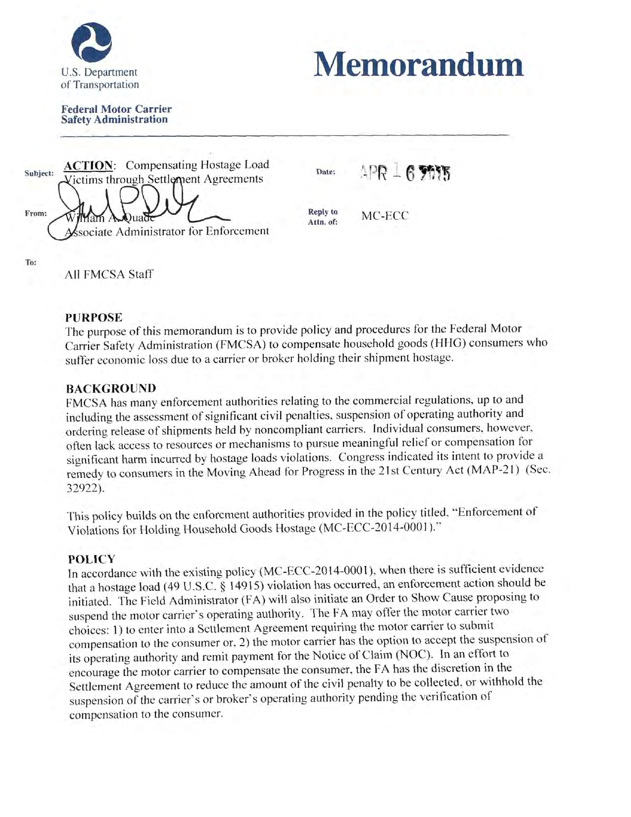 FMCSA's 2015 policy for compensating hostage load victims through settlement agreements. This policy was cancelled after the 2019 Riojas decision.