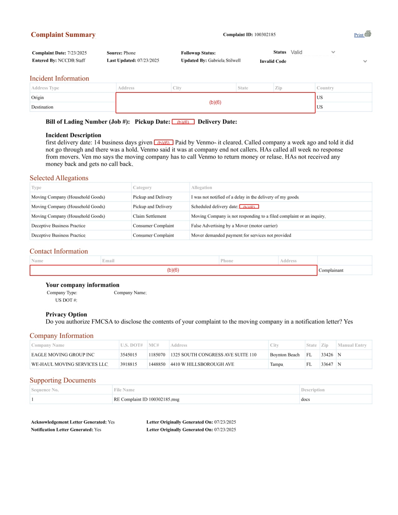 FOIA-obtained NCCDB complaint showing Eagle Moving Group (USDOT 3545015) with allegations of false advertising and payment demanded for services not provided.