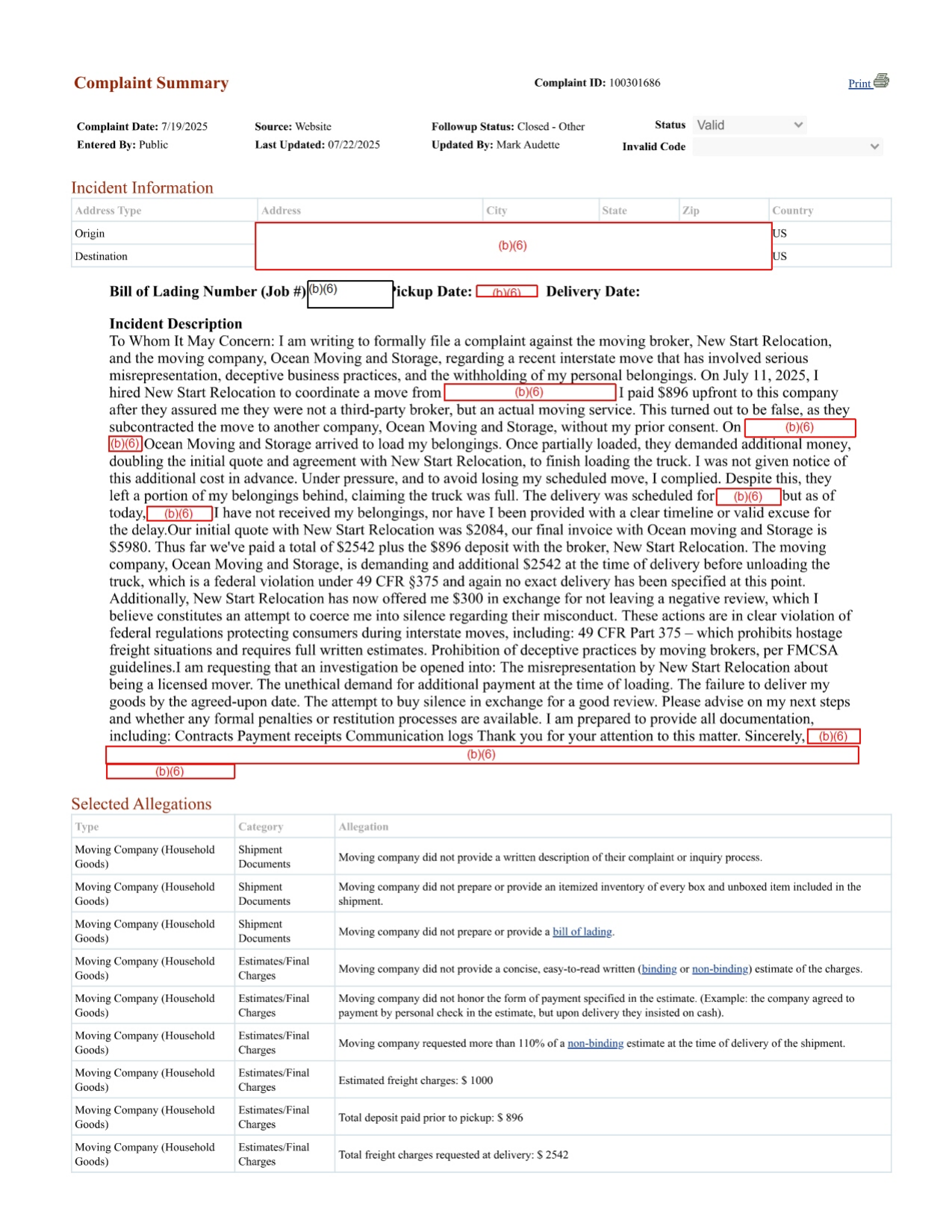 Consumer complaint describing how New Start Relocation misrepresented itself as a mover, subcontracted to Ocean Moving and Storage without disclosure, and doubled the price on moving day.
