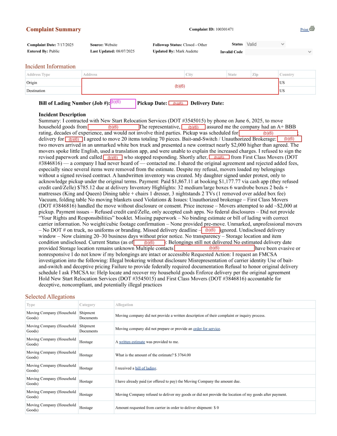 Complaint describing unmarked truck, movers who spoke little English, a contract nearly $2,000 higher than the estimate, and belongings taken to an undisclosed storage location.