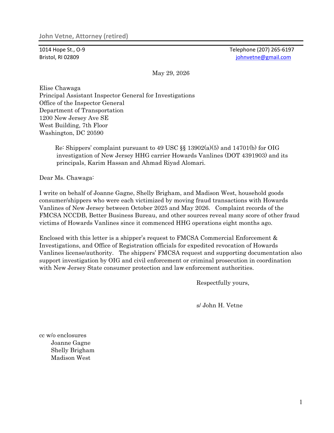 Letter to the DOT Office of Inspector General requesting investigation of Howards Vanlines for fraud affecting three consumers between October 2025 and May 2026.
