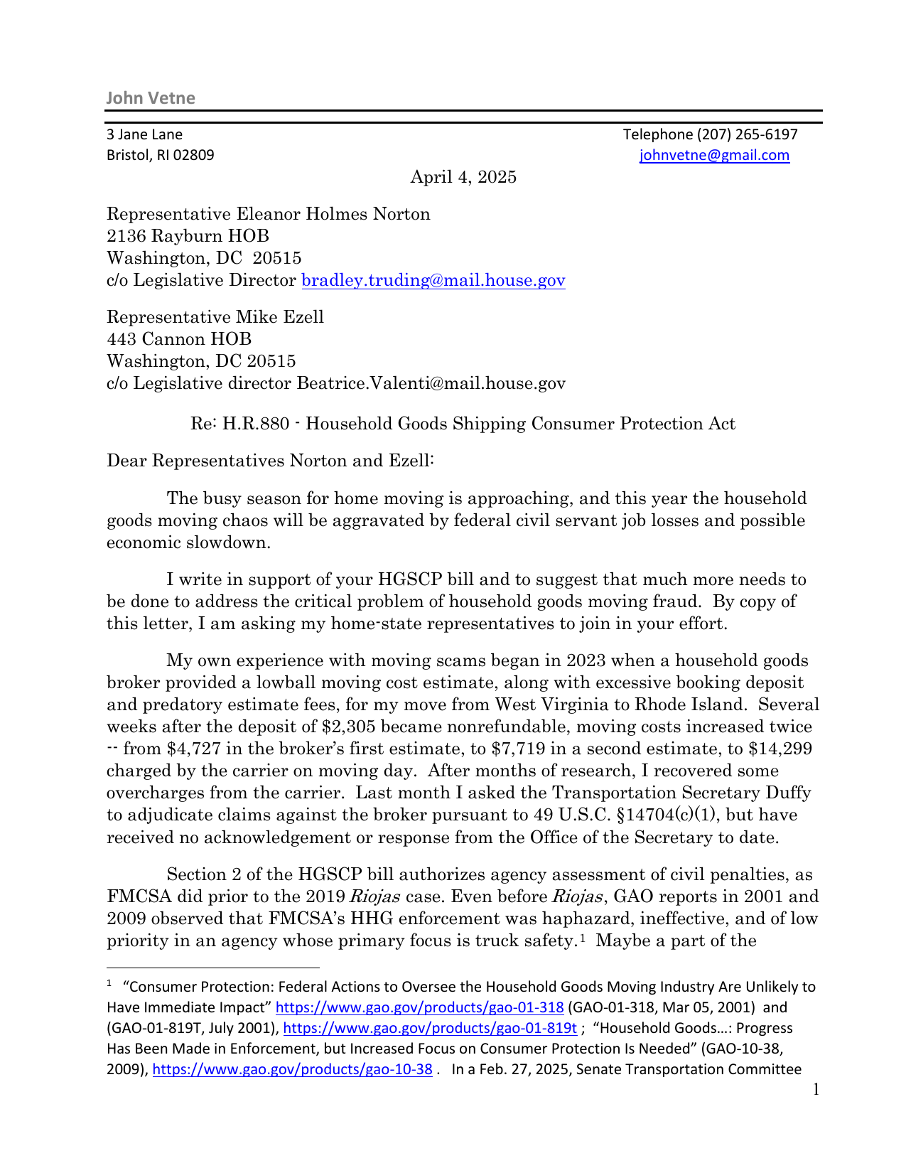 Letter to Representatives Norton and Ezell supporting H.R. 880, the Household Goods Shipping Consumer Protection Act. The bill would restore FMCSA civil penalty authority stripped by the 2019 Riojas decision.