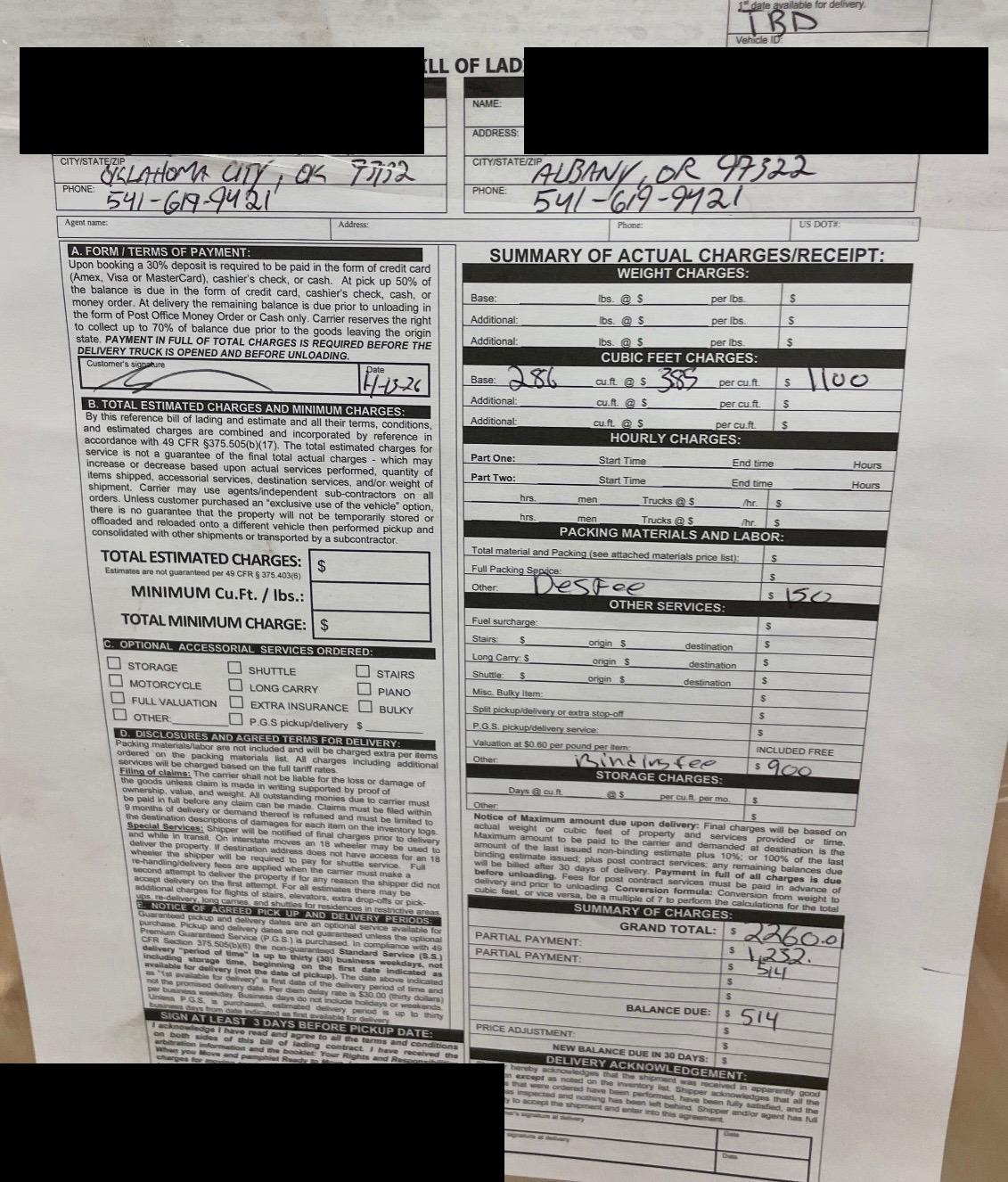 Handle With Care Interstate Bill of Lading dated 4/13/26. Origin: Oklahoma City OK. Destination: Albany, OR. 286 cubic feet at $3.85/cf = $1,100. Destination fee $150. Binding fee $900. Grand total $2,260. Partial payments: $1,232 + $514. Balance due: $514. Personal addresses redacted.