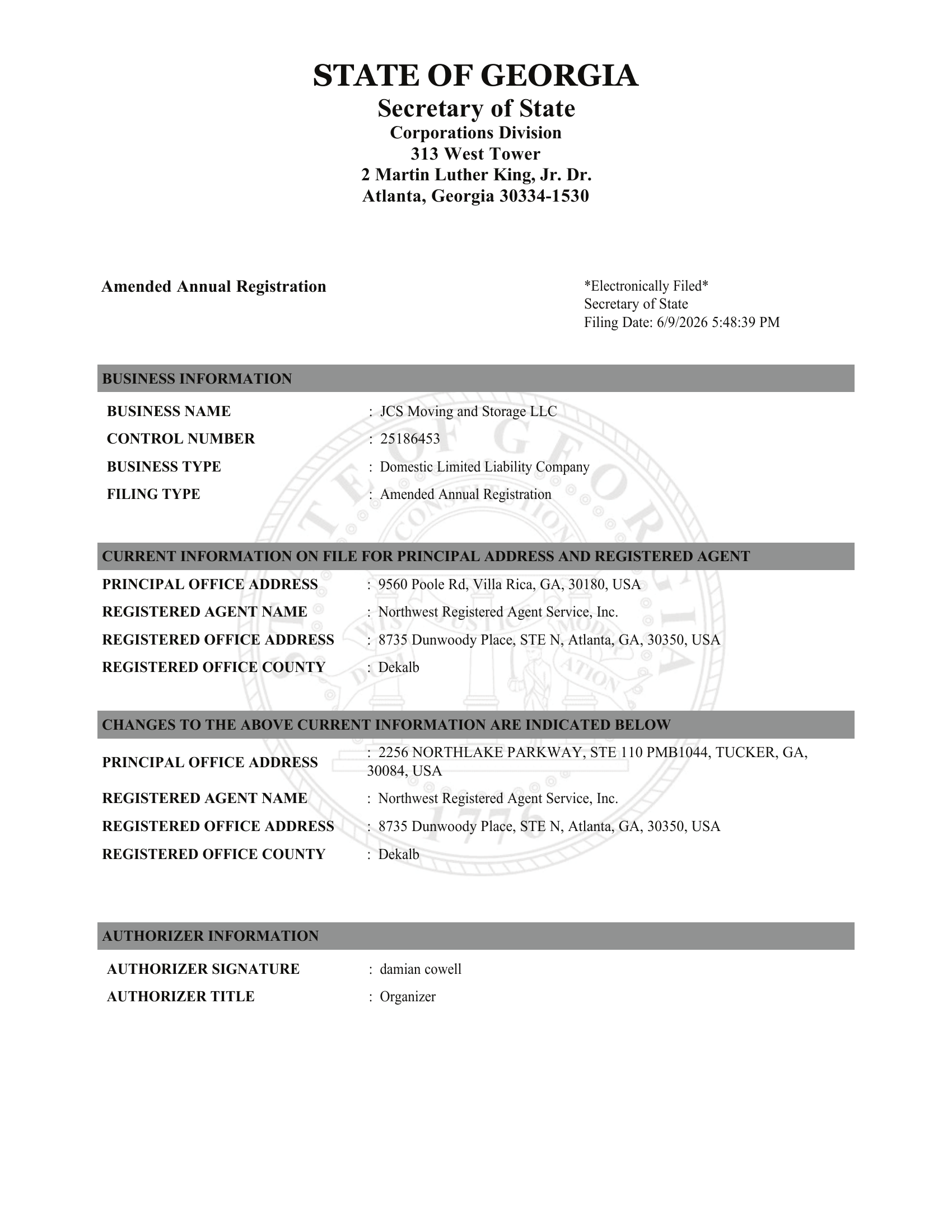 June 9, 2026: JCS Moving amends its GA Secretary of State filing to move its principal office from Villa Rica to 2256 Northlake Parkway, Tucker, GA. Tucker is the same area where Handle With Care operated. Same authorizer on both filings: Damian Cowell.