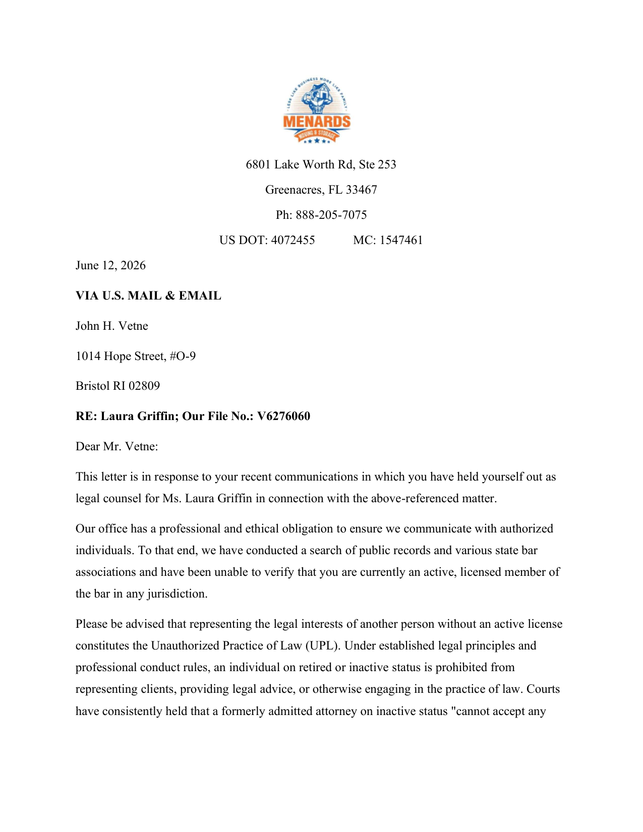 Menards Moving and Storage response to a Section 14704 consumer complaint: a cease and desist challenging the consumer representative's standing rather than addressing $44,966 in documented damages.