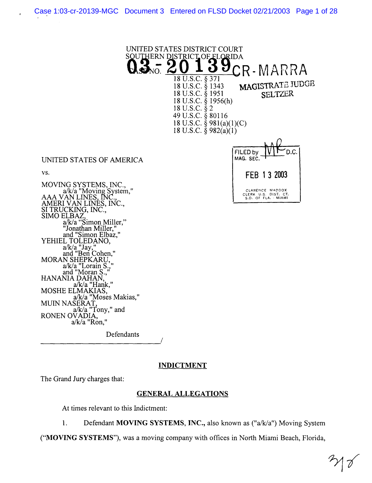 US v Elbaz (S.D. Florida, 2003): Grand jury indictment of Simo Elbaz operating Moving Systems, AAA Van Lines, Ameri Van Lines, and SI Trucking interchangeably.