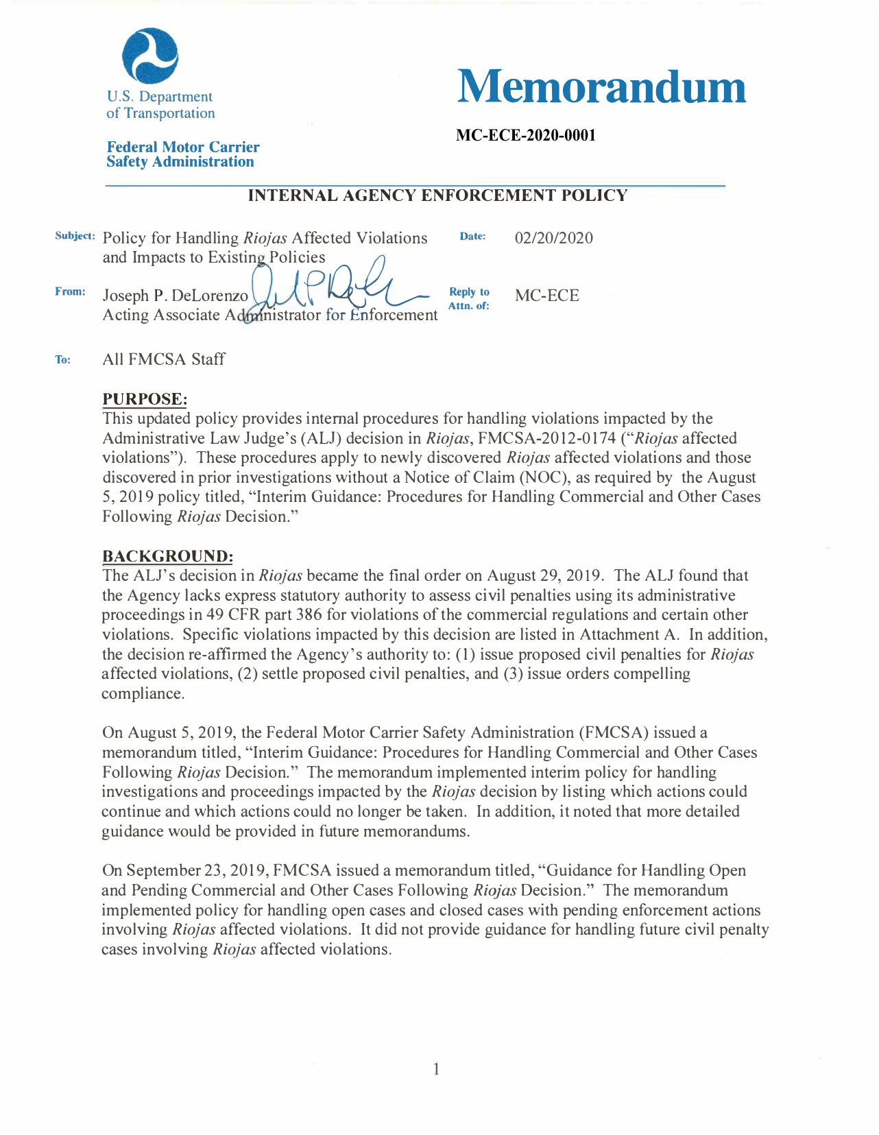 FMCSA internal enforcement policy (February 2020): the agency's own documentation of how the Riojas decision dismantled its household goods enforcement tools.