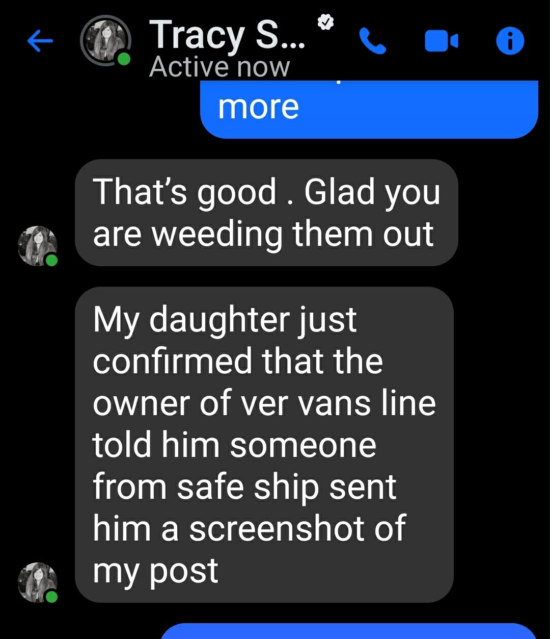 A consumer's daughter confirmed that Ver Vans Line's owner was sent a screenshot of the consumer's Facebook post by someone from Safe Ship. The broker monitors consumer posts and forwards them to its carrier network.