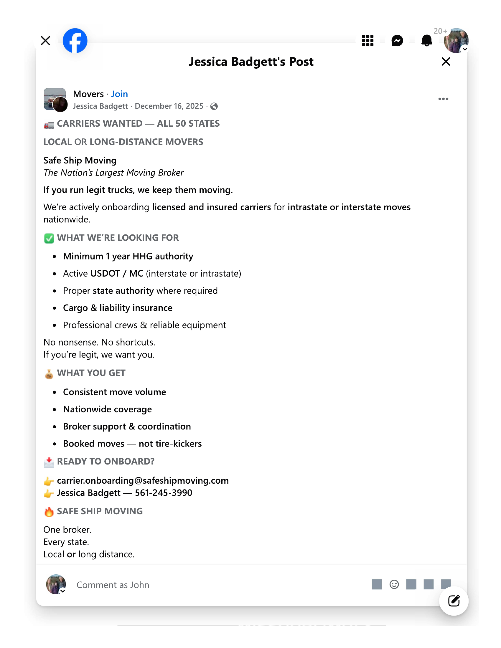 December 2025: Safe Ship representative Jessica Badgett solicits carriers on Facebook, requiring 'Minimum 1 year HHG authority.' Safe Ship dispatched Ver Vanlines, which had less than 3 months of authority and was not incorporated when licensed. Contact email: carrier.onboarding@safeshipmoving.com.