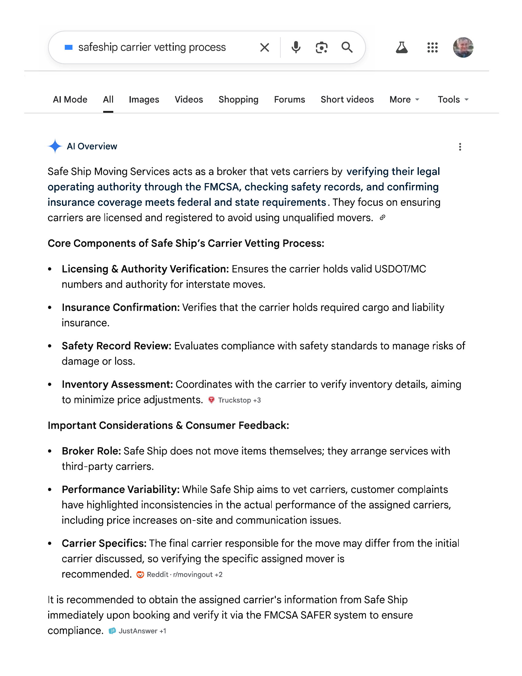 Google AI Overview repeats Safe Ship's marketing claims about 'verifying legal operating authority' and 'checking safety records.' AI platforms rely on the company's own published content when no independent verification exists.