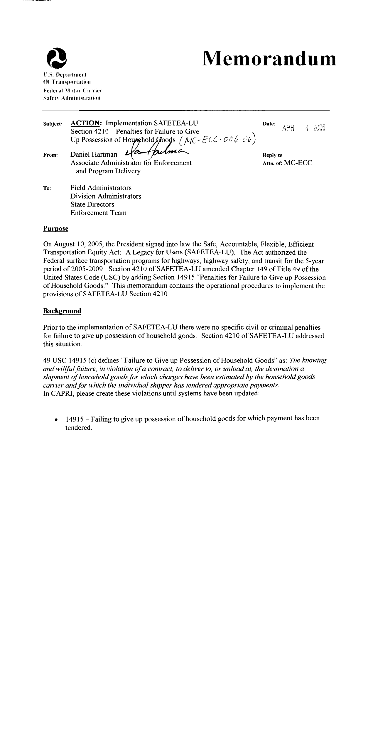FMCSA's 2006 implementation memo for congressional hostage load penalties: $10,000+ per violation and 12-36 month license suspension. These tools exist on paper but are rarely used.