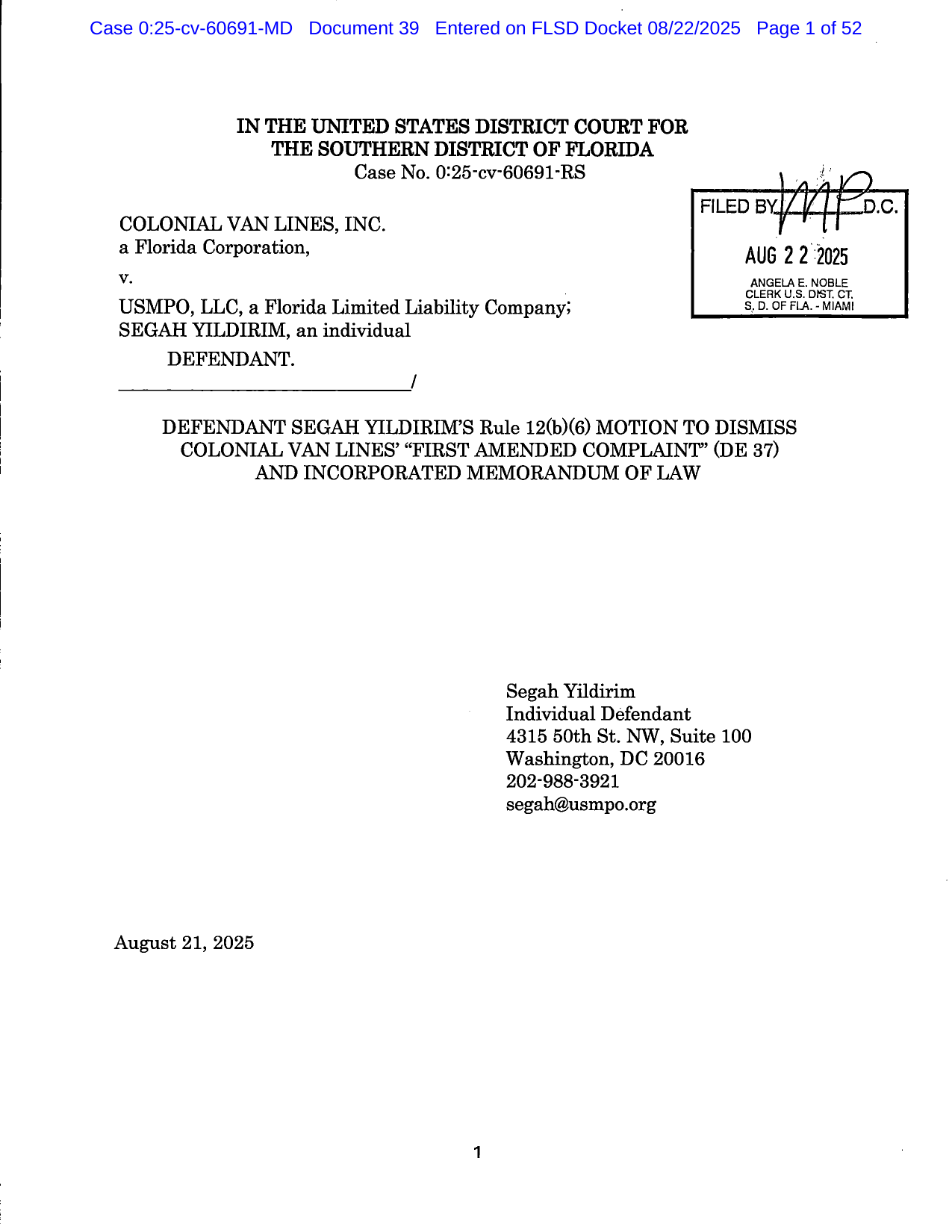 Cover page of the defendant's Motion to Dismiss Colonial Van Lines' First Amended Complaint. Filed August 22, 2025, Southern District of Florida.