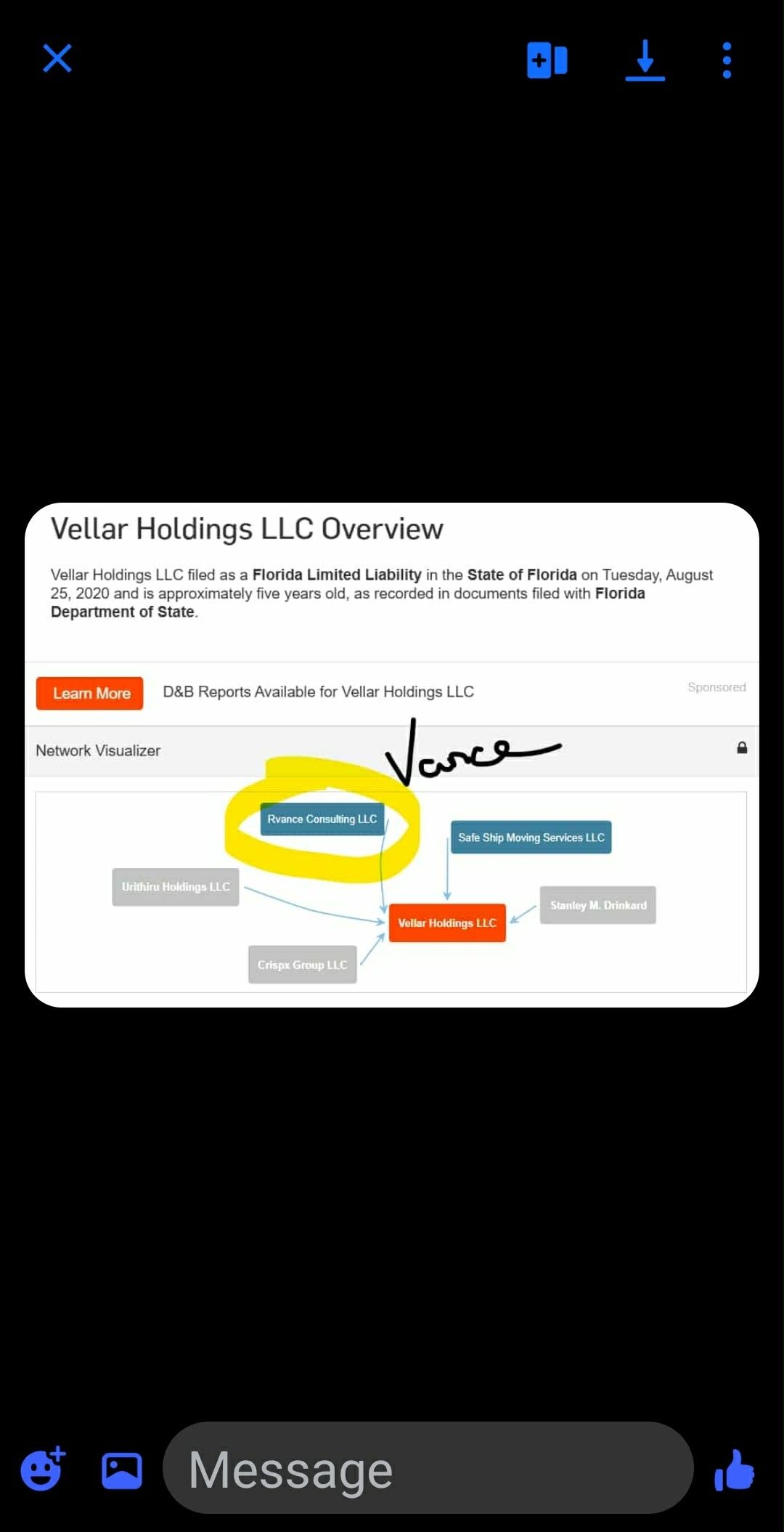 Dun & Bradstreet corporate network map showing Vellar Holdings LLC connected to Rvance Consulting LLC, Safe Ship Moving Services LLC, Urithiru Holdings LLC, Crispx Group LLC, and Stanley M. Drinkard.