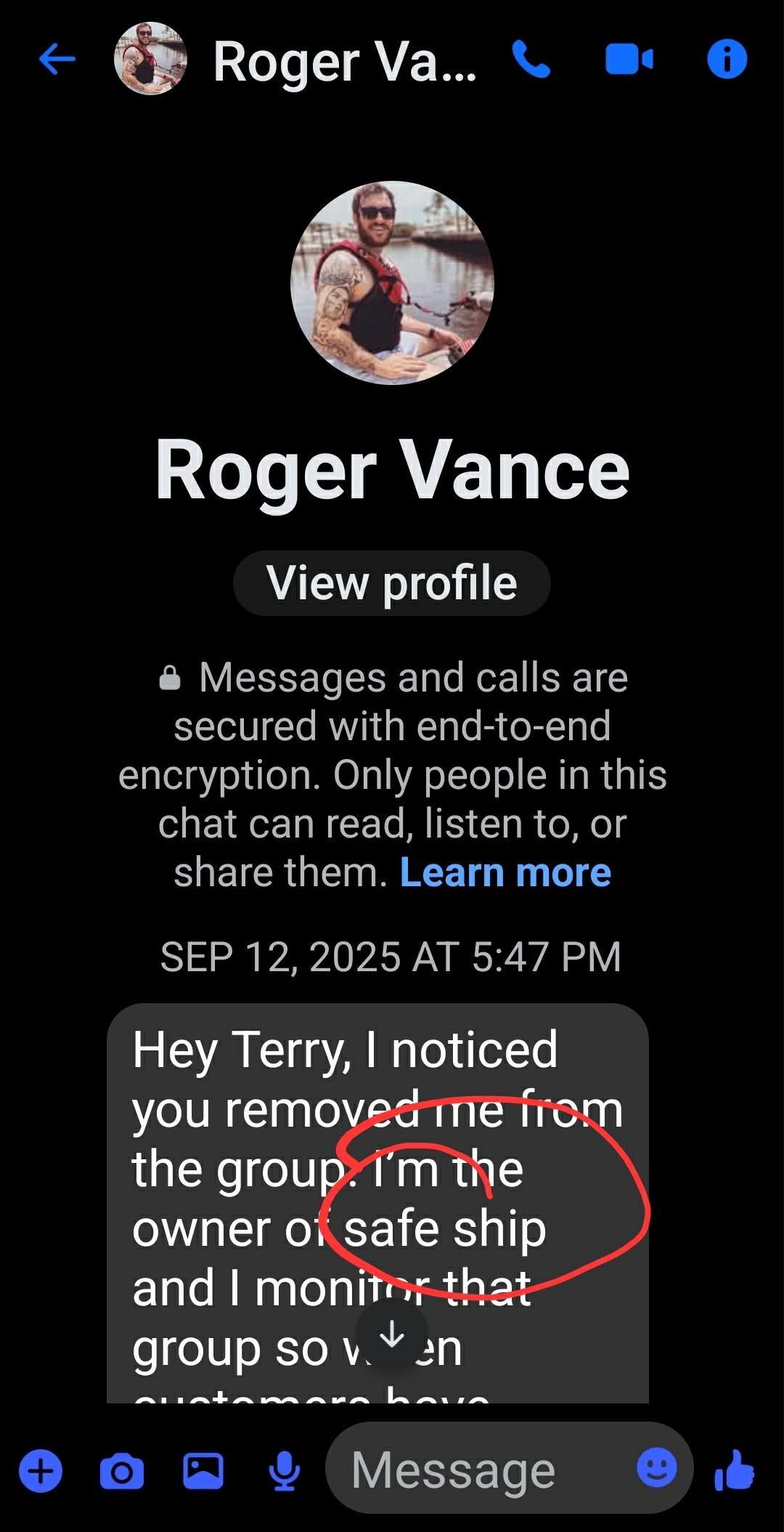 Roger Vance messaged a fraud awareness group admin after she removed him: 'I'm the owner of safe ship and I monitor that group.'