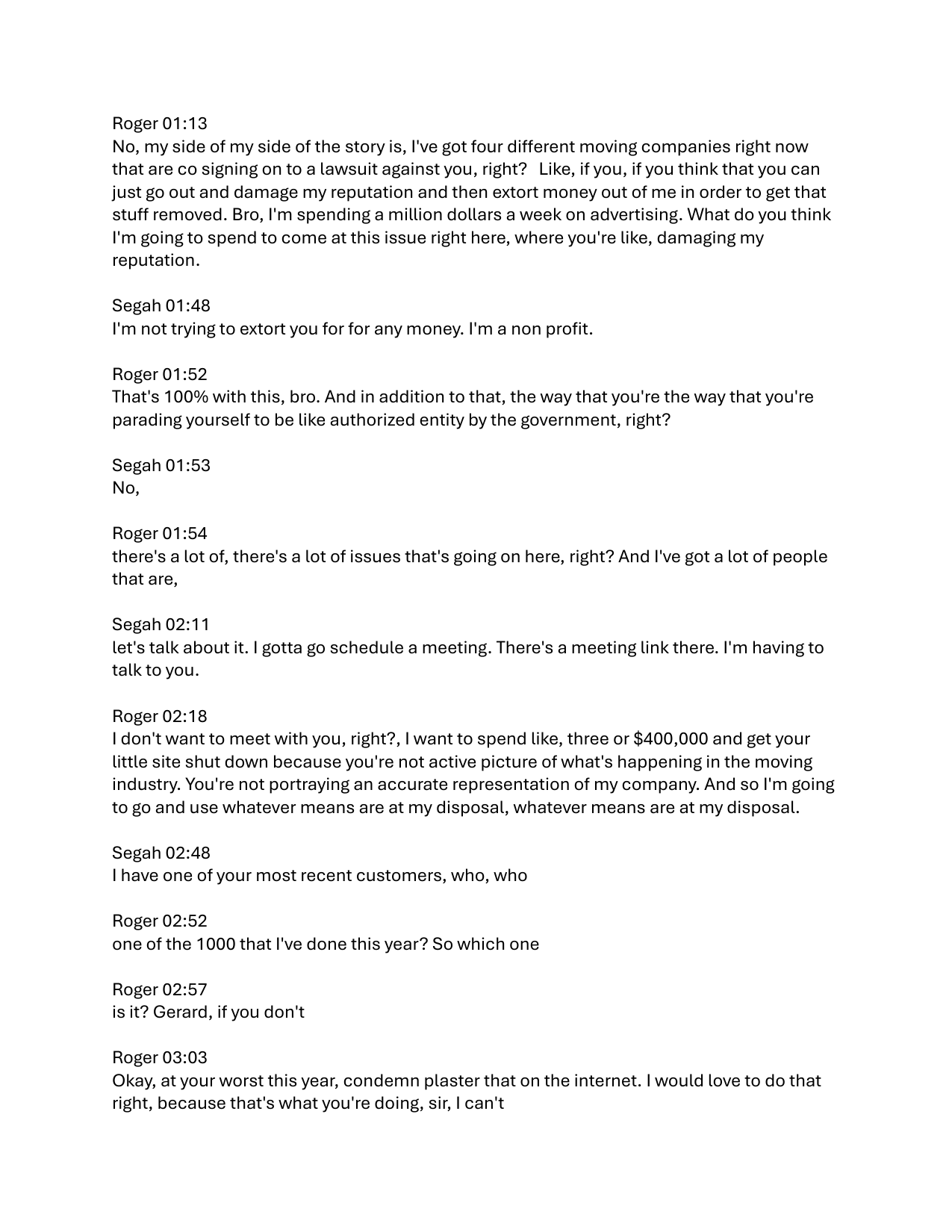 Recorded call transcript (August 4, 2024): Roger Vance tells USMPO founder he wants to 'spend like, three or $400,000 and get your little site shut down' and threatens litigation.