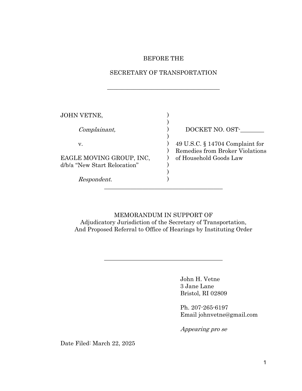 Cover page of the 49 U.S.C. Section 14704 complaint filed before the Secretary of Transportation, seeking remedies for broker violations of household goods law.
