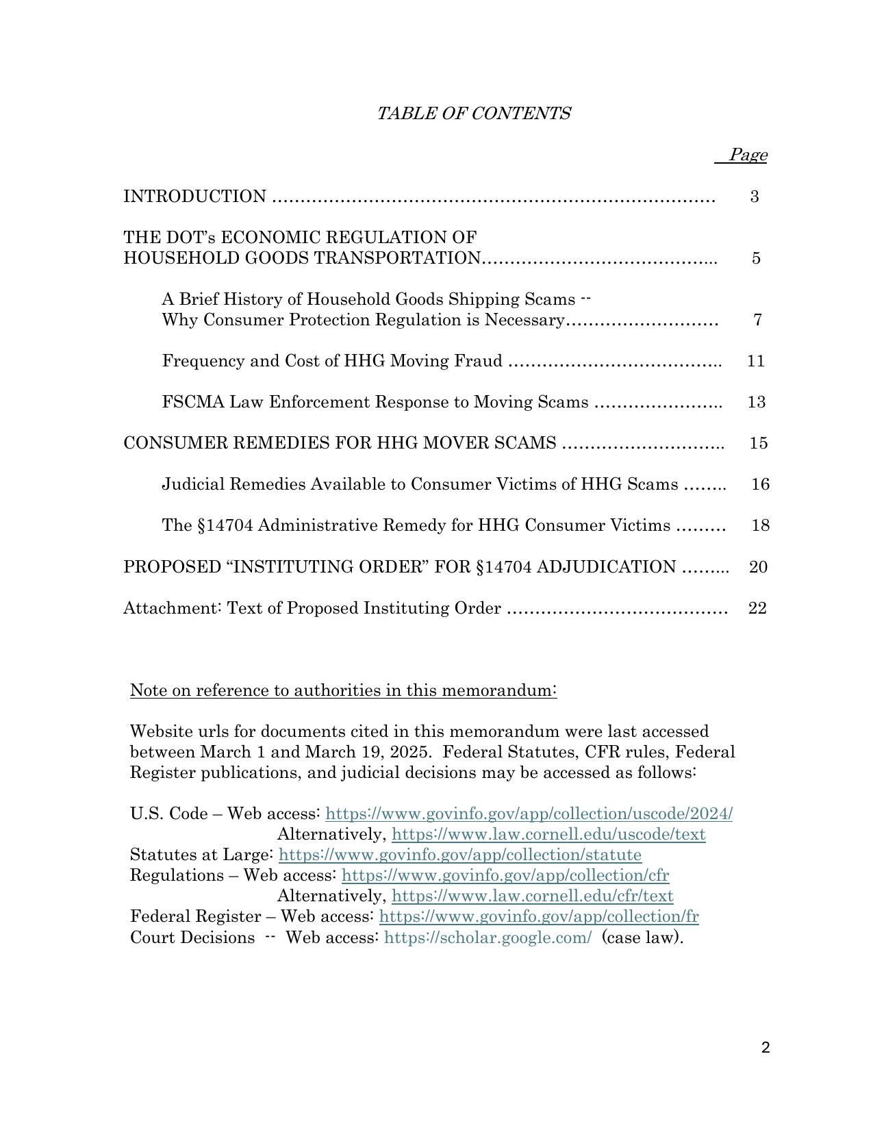 Table of contents of the 22-page memorandum documenting the regulatory history of household goods consumer protection and the Section 14704 remedy.