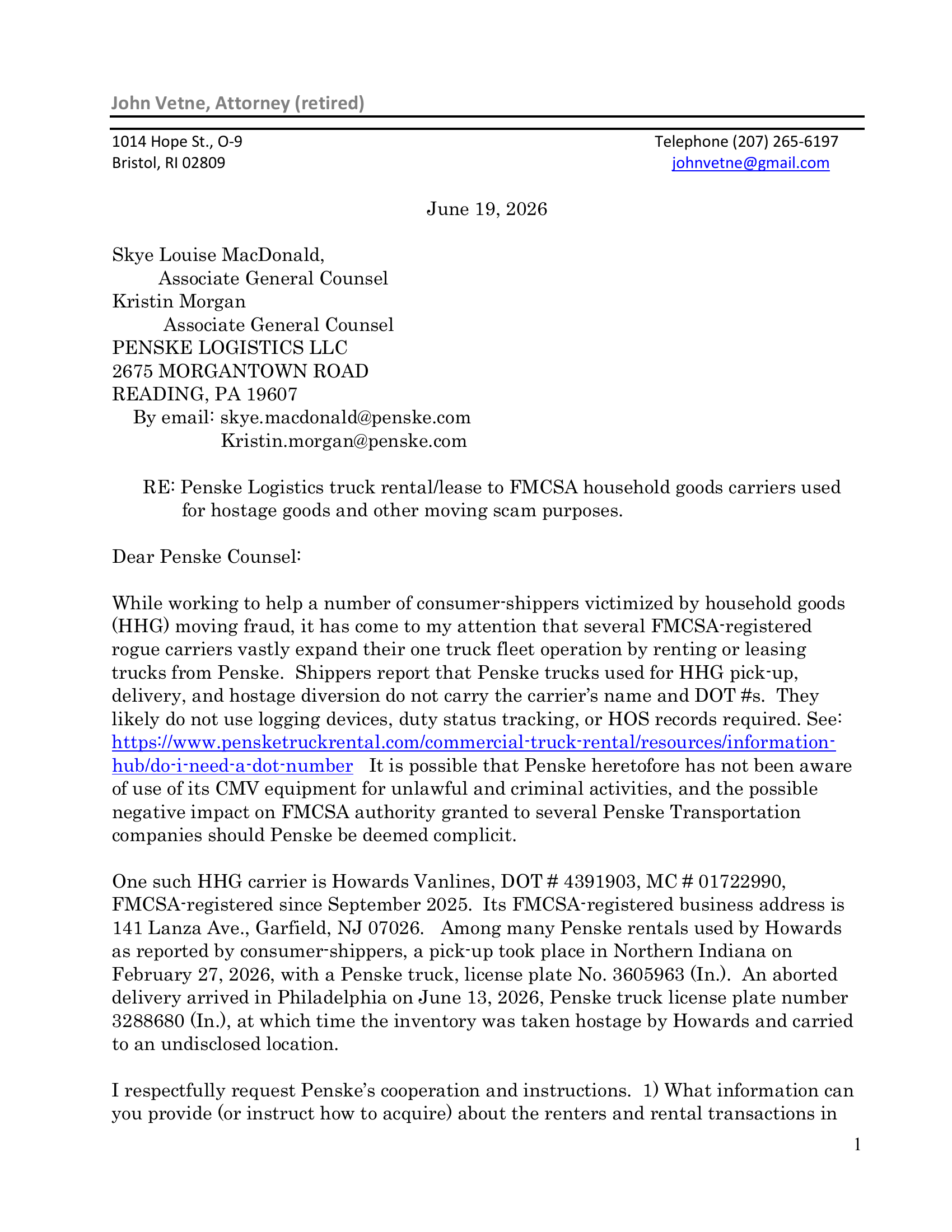 June 19, 2026: Letter to Penske's legal team identifying specific rental trucks by license plate number used by Howards Vanlines for HHG fraud, including a hostage goods incident. No response received.