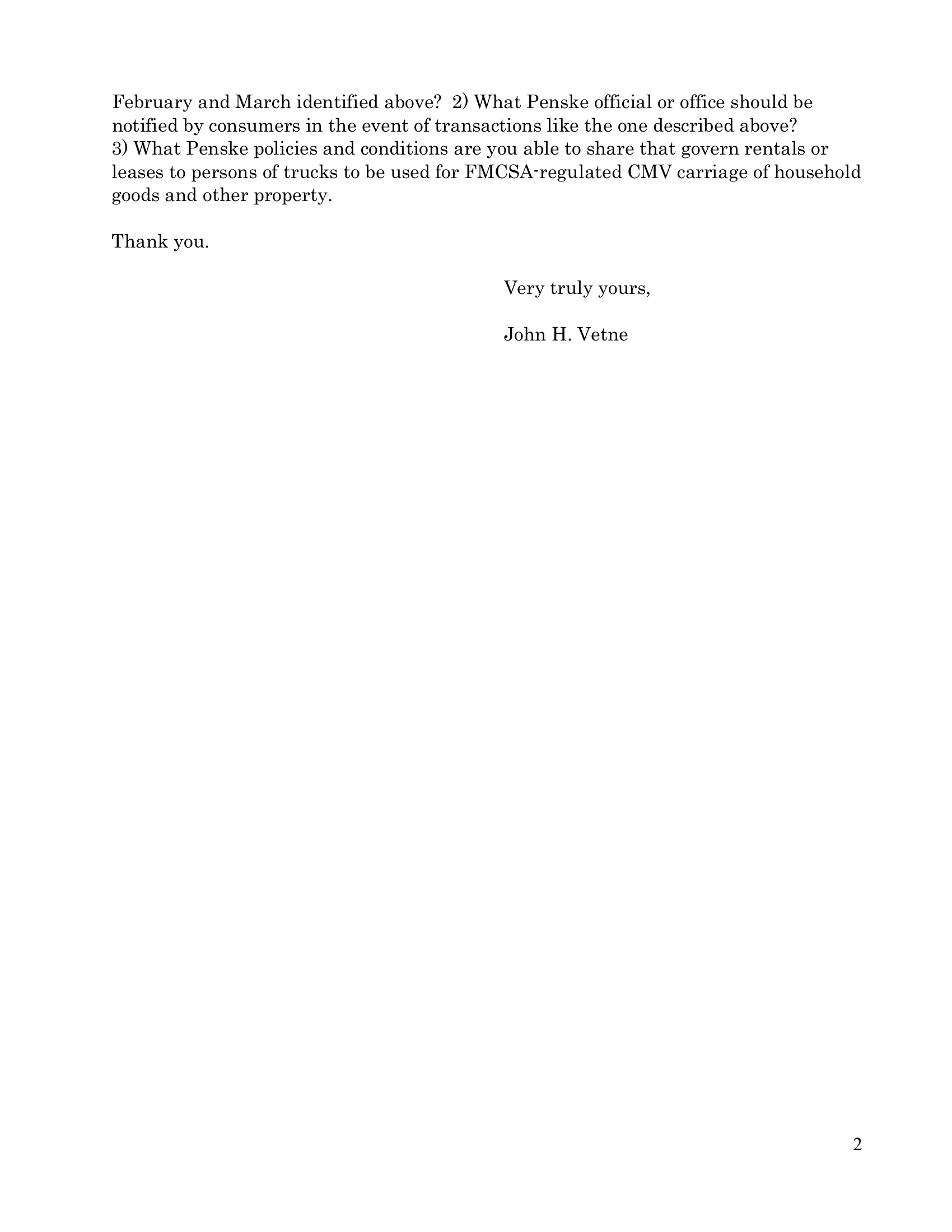 The letter asked three questions: what information can Penske provide, who should consumers contact, and what policies govern rentals for FMCSA-regulated household goods carriage.