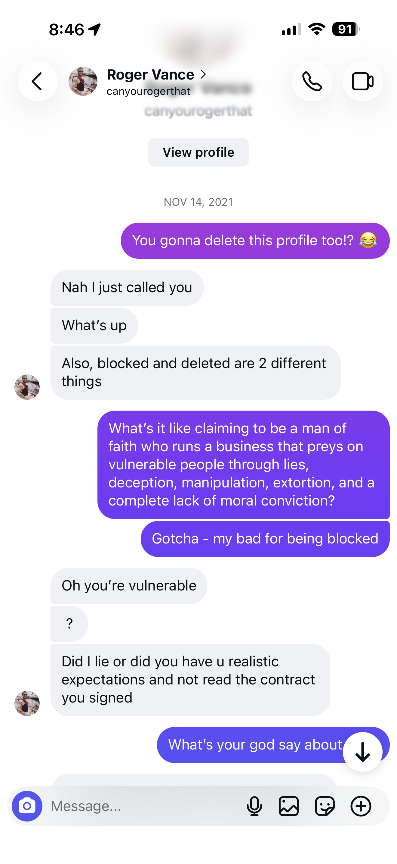 November 14, 2021: Roger Vance DMs with Robert C. Vance: 'Oh you're vulnerable?' and 'Did I lie or did you have unrealistic expectations and not read the contract you signed.' Robert had called Vance's company predatory.