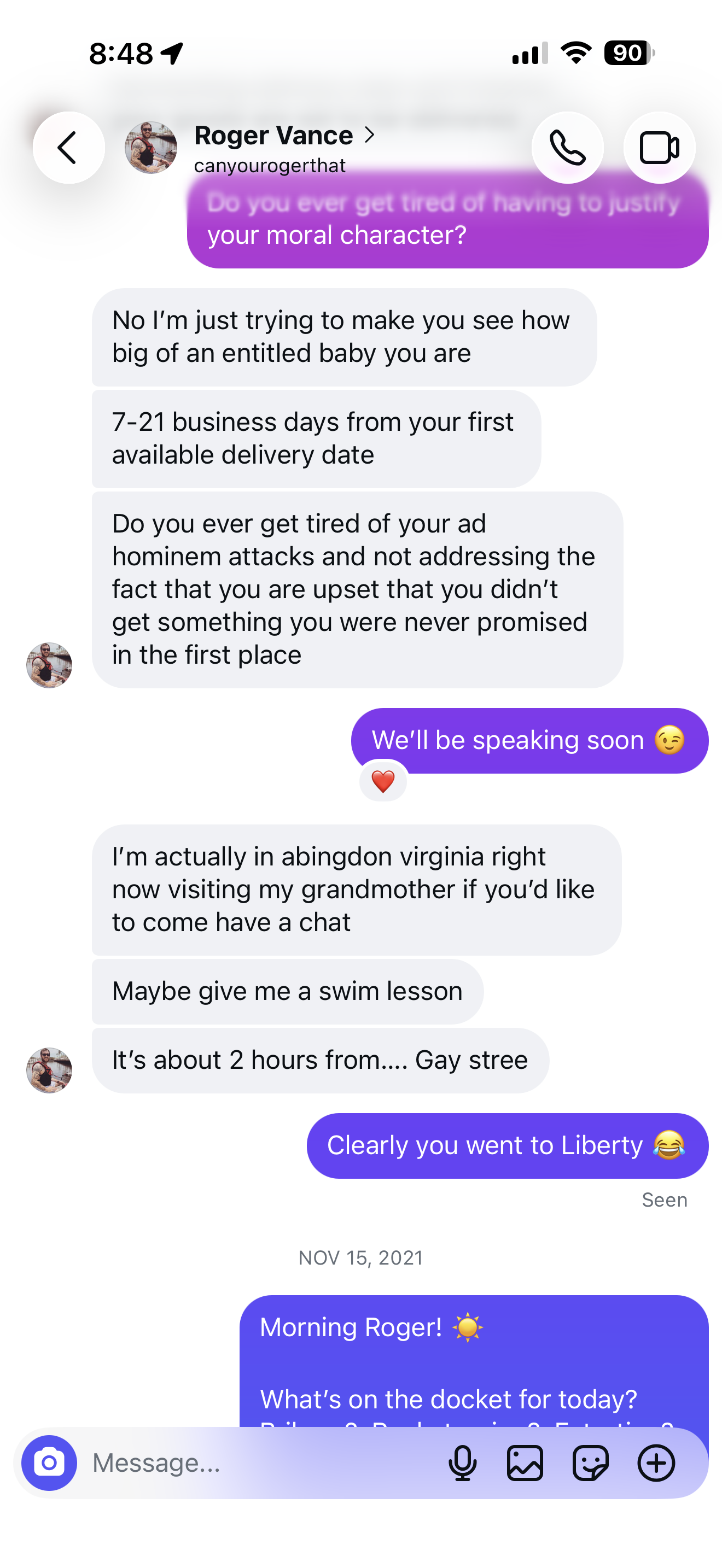 November 14-15, 2021: Vance: 'We'll be speaking soon.' Then offers to meet in person in Virginia. Makes homophobic reference: 'It's about 2 hours from.... Gay stree.'