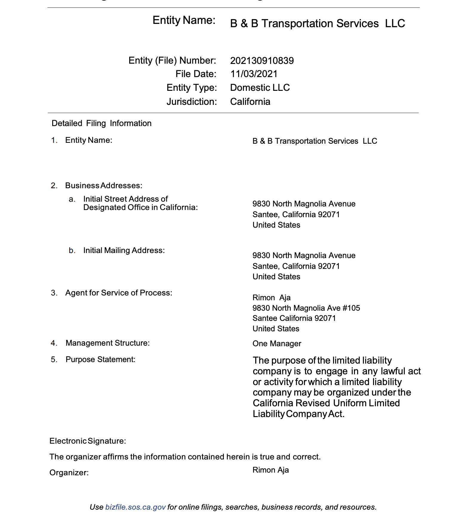 B & B Transportation Services LLC filing (November 3, 2021). New entity using the original trade name, registered by Rimon Aja in Santee, CA. One manager structure.
