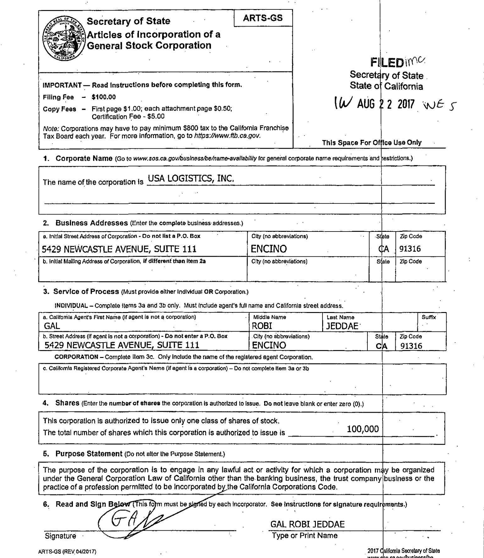 Articles of Incorporation for USA Logistics, Inc., filed August 22, 2017. Sole incorporator: Gal Robi Jeddae. Filed five months before ABC7's B&B Transportation expose.